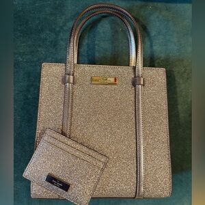 Kate Spade Kenzie Small Tote Silver Glitter with matching card holder